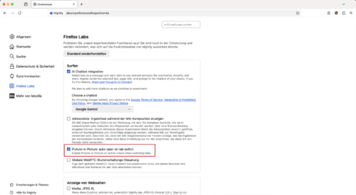 Automatischer Bild-im-Bild-Modus für Videos, Firefox 130